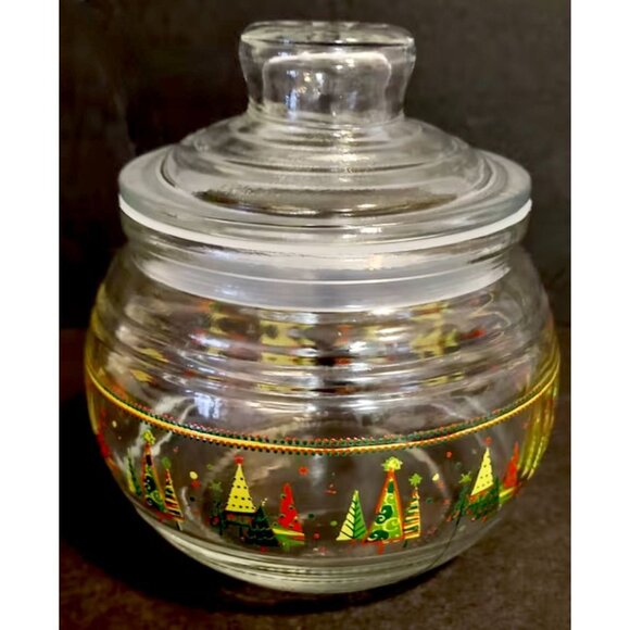 Vintage Kig Clear Glass Christmas Jar With Lid & Festive Tree Design - Picture 1 of 13